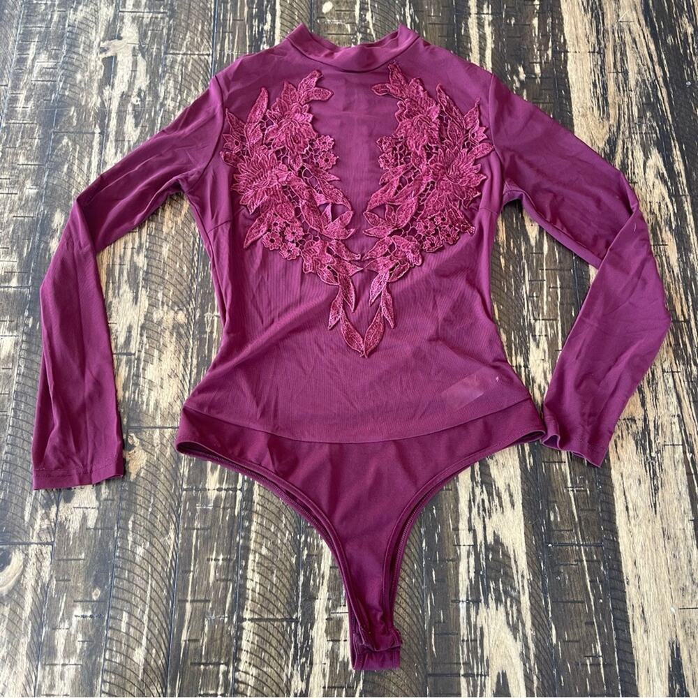 PRIVY 💕 Burgundy Sheer Long Sleeve Embroidered Bodysuit - MEDIUM